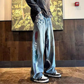 Men Jeans Men's Autumn Washed Distressed Wide-Leg Pants Loose Straight Casual Trousers